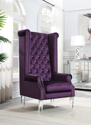 HIGH BACK PURPLE VELVET WING CHAIR W/ACRYLIC LEGS