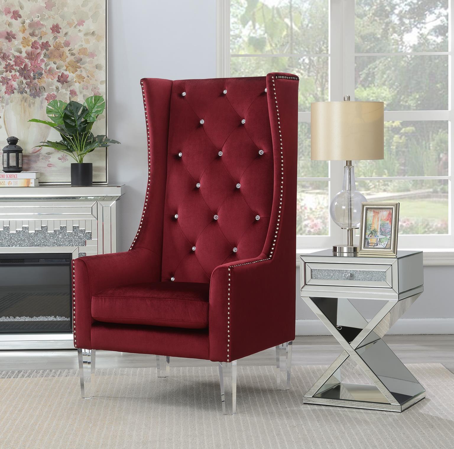 HIGH BACK BURGUNDY VELVET WING CHAIR W/ACRYLIC LEGS view 2