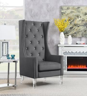 HIGH BACK GRAY VELVET WING CHAIR W/ACRYLIC LEGS