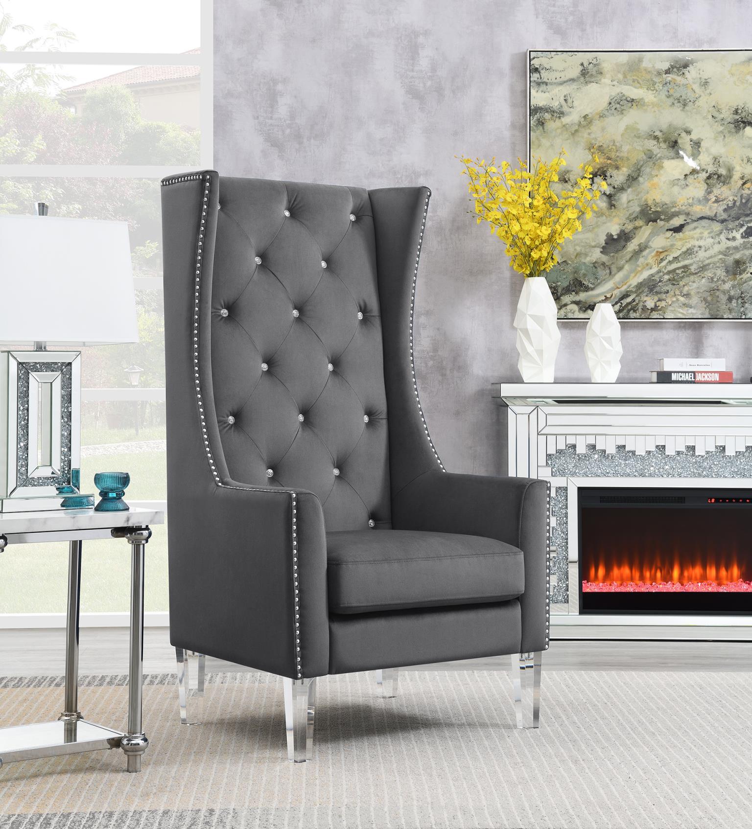 HIGH BACK GRAY VELVET WING CHAIR W/ACRYLIC LEGS view 2