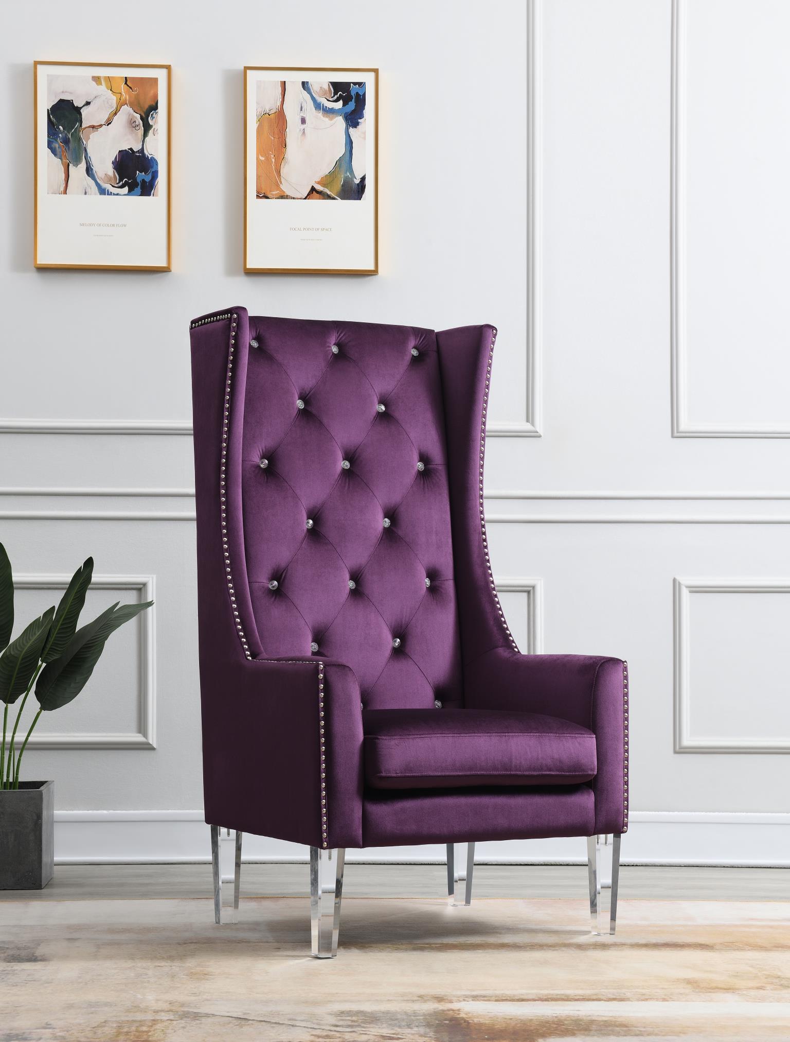 HIGH BACK PURPLE VELVET WING CHAIR W/ACRYLIC LEGS view 2