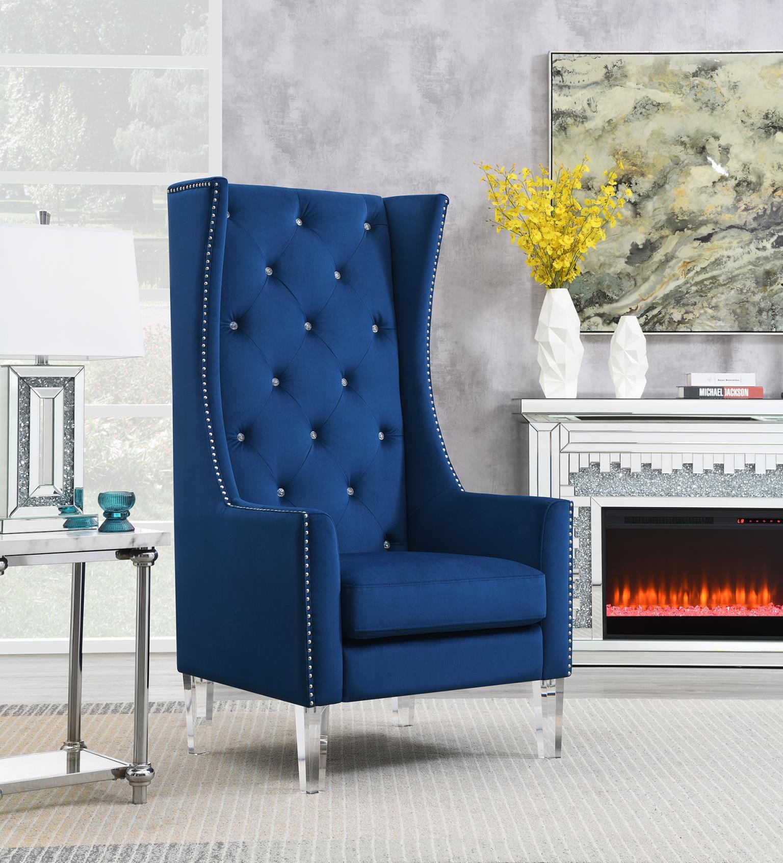 HIGH BACK BLUE VELVET WING CHAIR W/ACRYLIC LEGS view 2