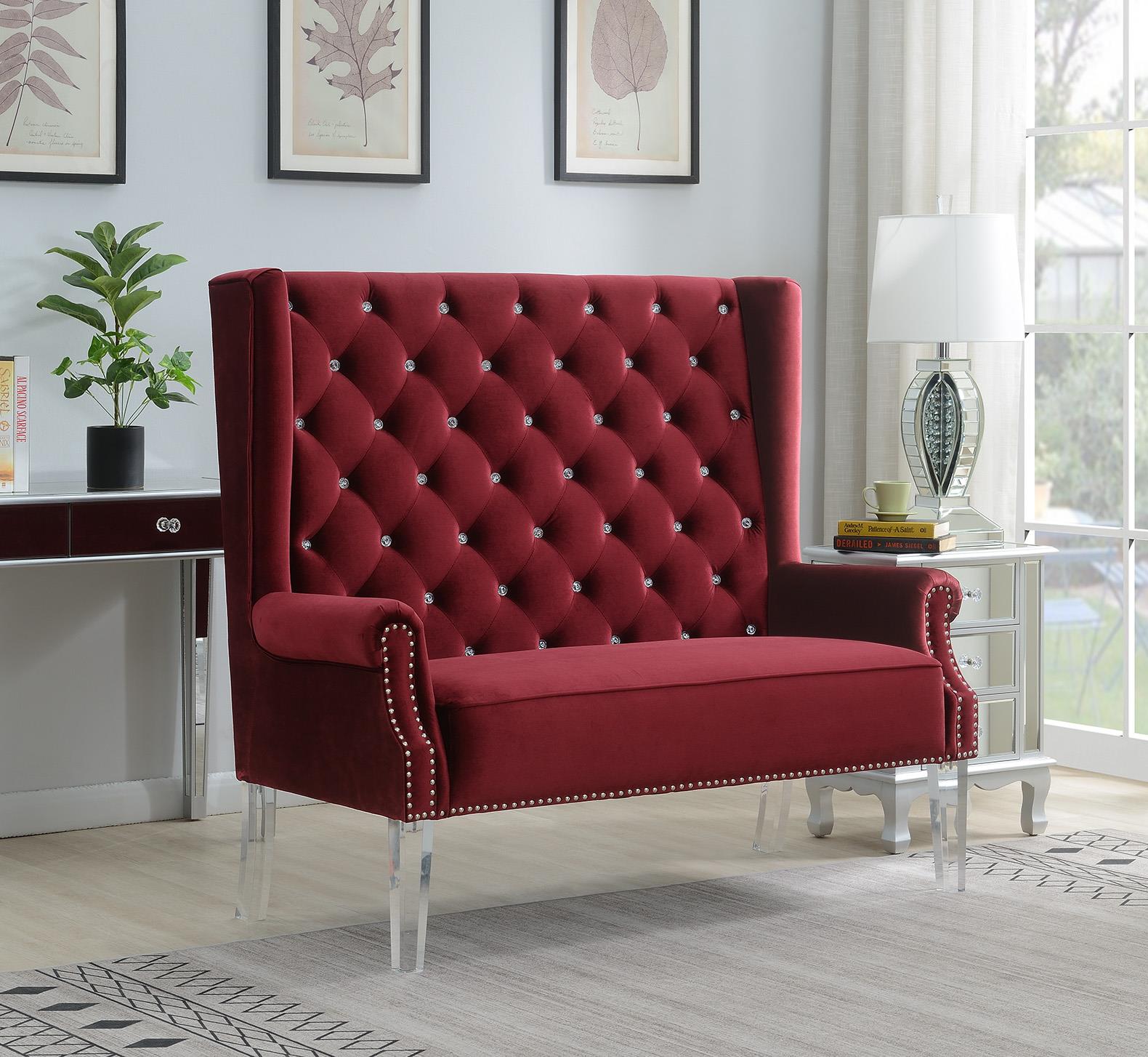 HIGH BACK BURGUNDY VELVET WING BENCH W/ACRYLIC LEGS view 2