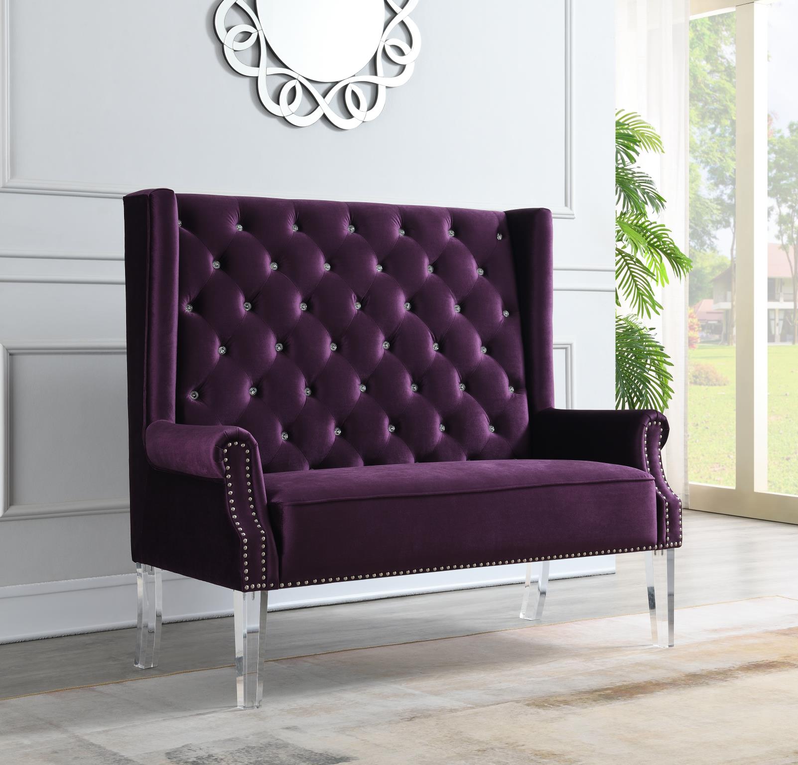 HIGH BACK PURPLE VELVET WING BENCH W/ACRYLIC LEGS view 2