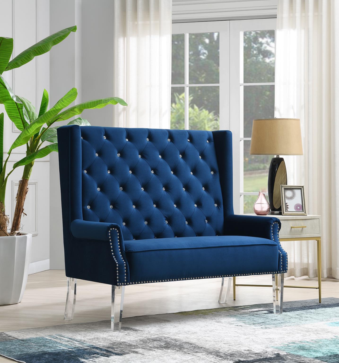 HIGH BACK BLUE VELVET WING BENCH W/ACRYLIC LEGS view 2
