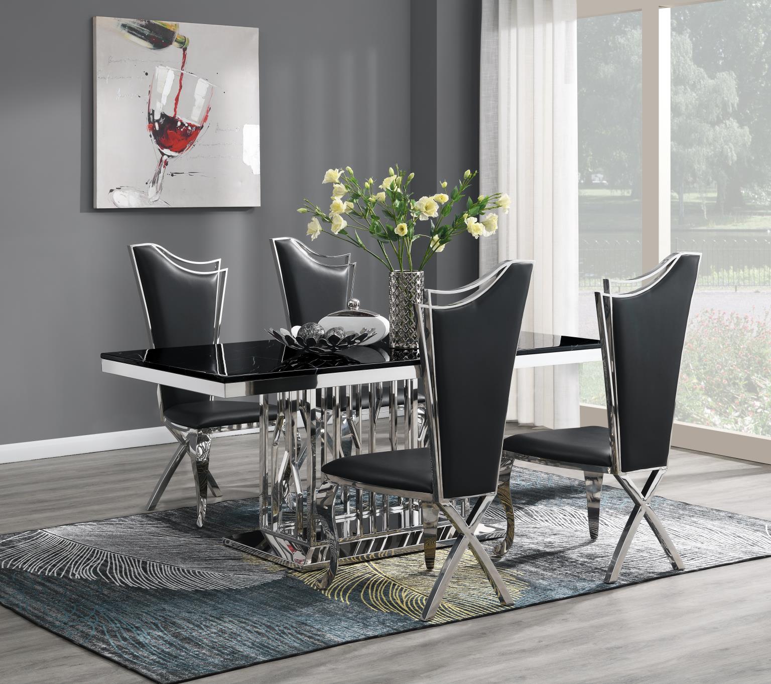 DINING TABLE (BLACK MARBLE) & 4 BLACK LEATHER CHAIRS view 2