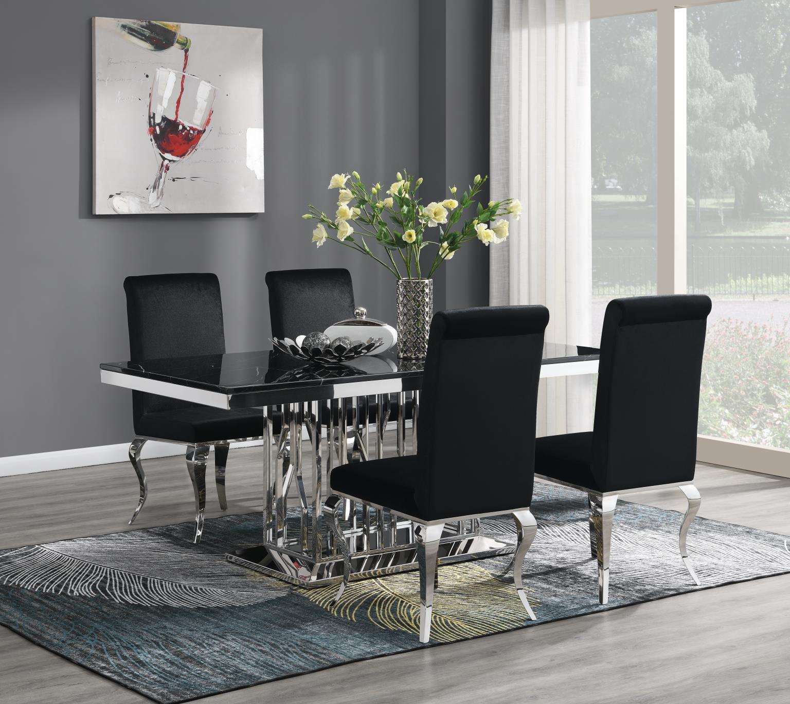 DINING TABLE (BLACK MARBLE) & 4 BLACK VELVET CHAIRS view 2