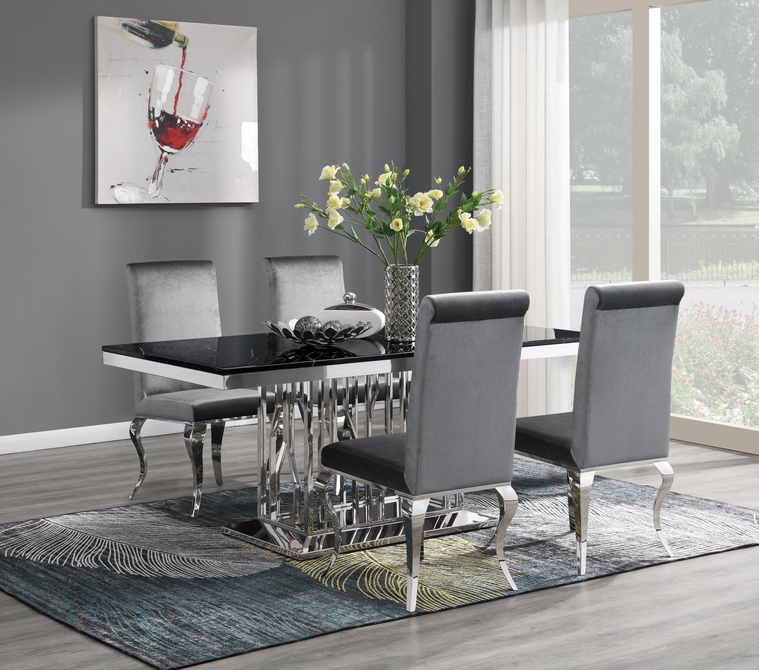 DINING TABLE (BLACK MARBLE) & 4 GRAY VELVET CHAIRS view 2