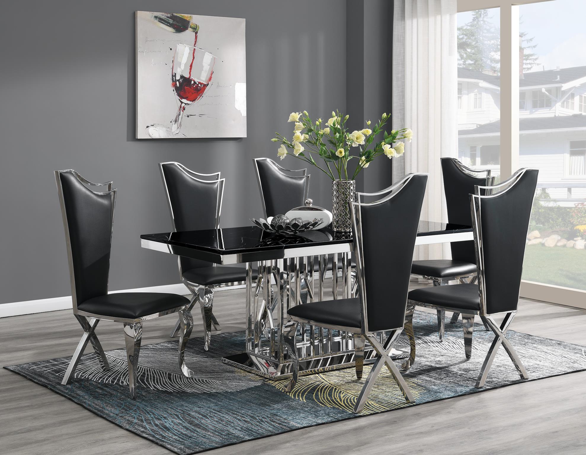 DINING TABLE (BLACK MARBLE) & 6 BLACK LEATHER CHAIRS view 2
