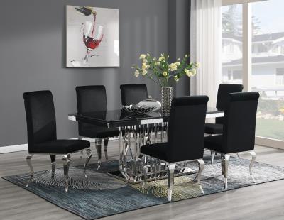 DINING TABLE (BLACK MARBLE) & 6 BLACK VELVET CHAIRS