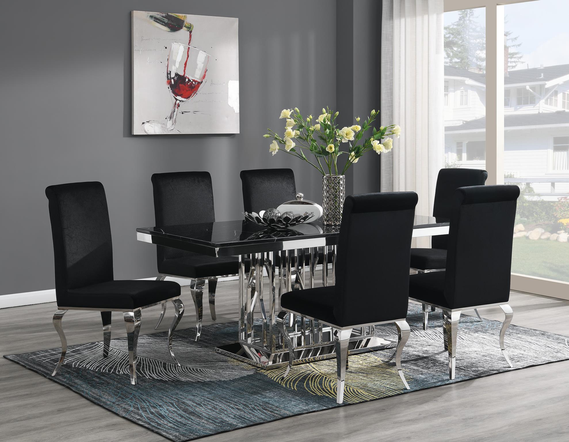 DINING TABLE (BLACK MARBLE) & 6 BLACK VELVET CHAIRS view 2