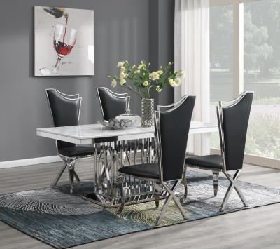 DINING TABLE (WHITE MARBLE) & 4 BLACK LEATHER CHAIRS