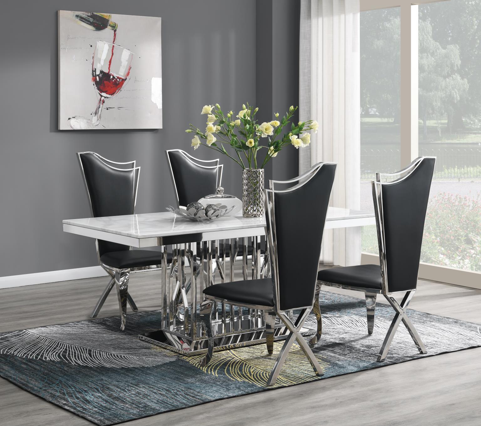 DINING TABLE (WHITE MARBLE) & 4 BLACK LEATHER CHAIRS view 2