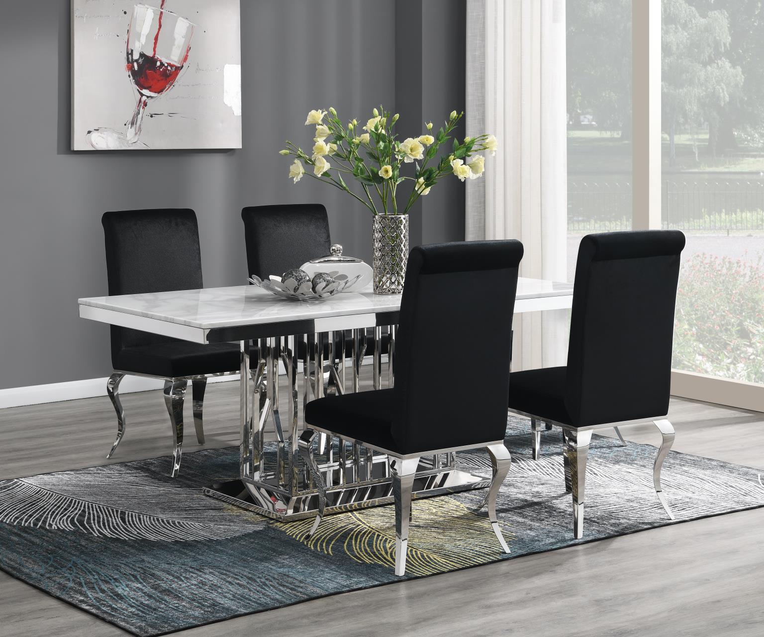 DINING TABLE (WHITE MARBLE) & 4 BLACK VELVET CHAIRS view 2