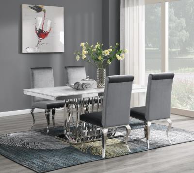 DINING TABLE (WHITE MARBLE) & 4 GRAY VELVET CHAIRS