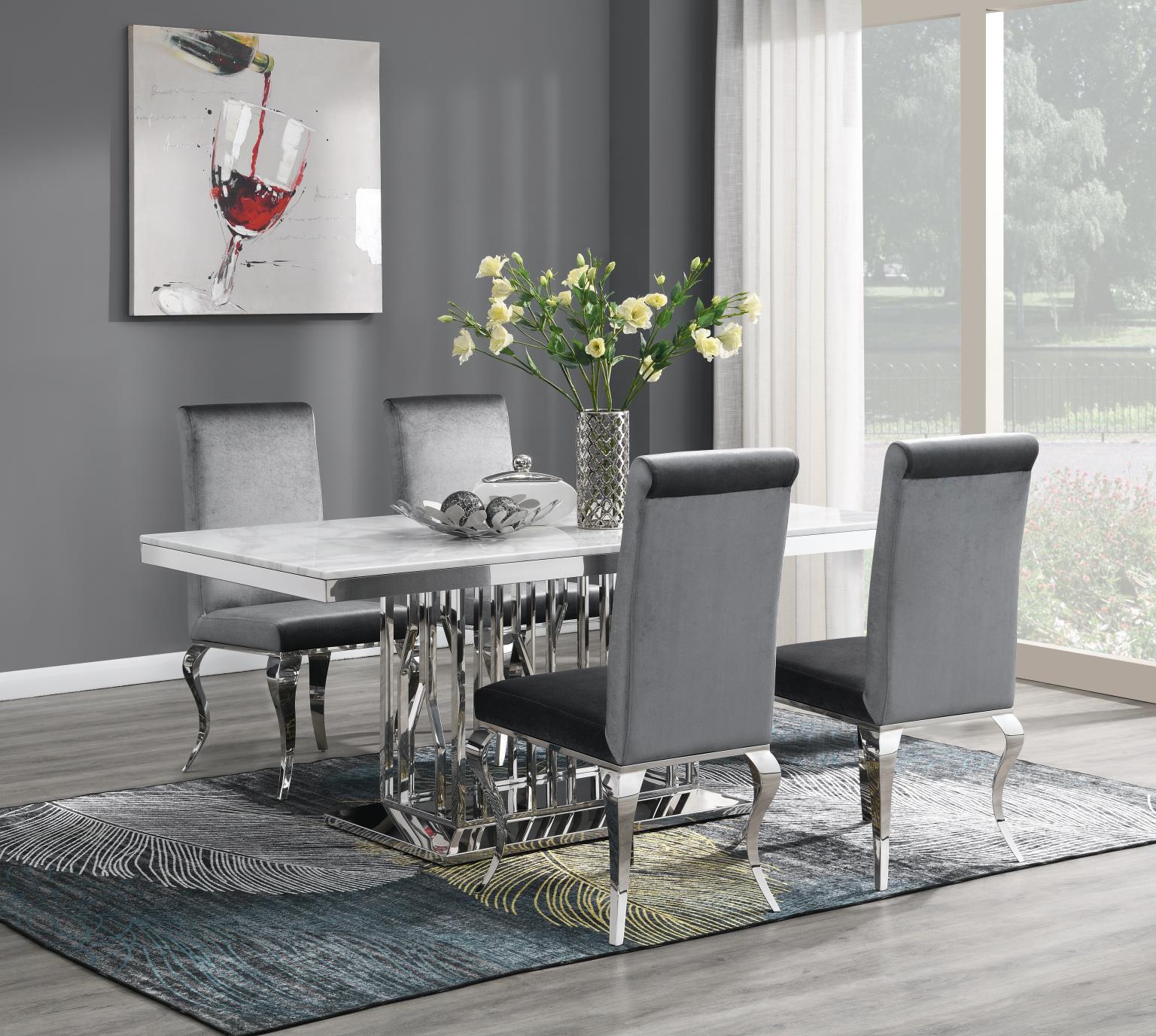 DINING TABLE (WHITE MARBLE) & 4 GRAY VELVET CHAIRS view 2