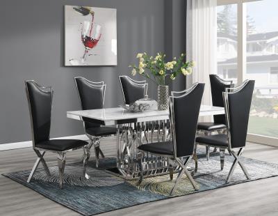 DINING TABLE (WHITE MARBLE) & 6 BLACK LEATHER CHAIRS