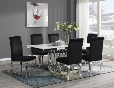 DINING TABLE (WHITE MARBLE) & 6 BLACK VELVET CHAIRS
