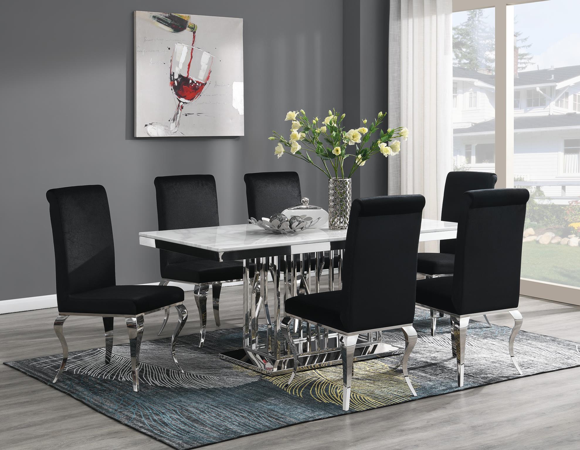DINING TABLE (WHITE MARBLE) & 6 BLACK VELVET CHAIRS view 2