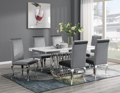 DINING TABLE (WHITE MARBLE) & 6 GRAY VELVET CHAIRS