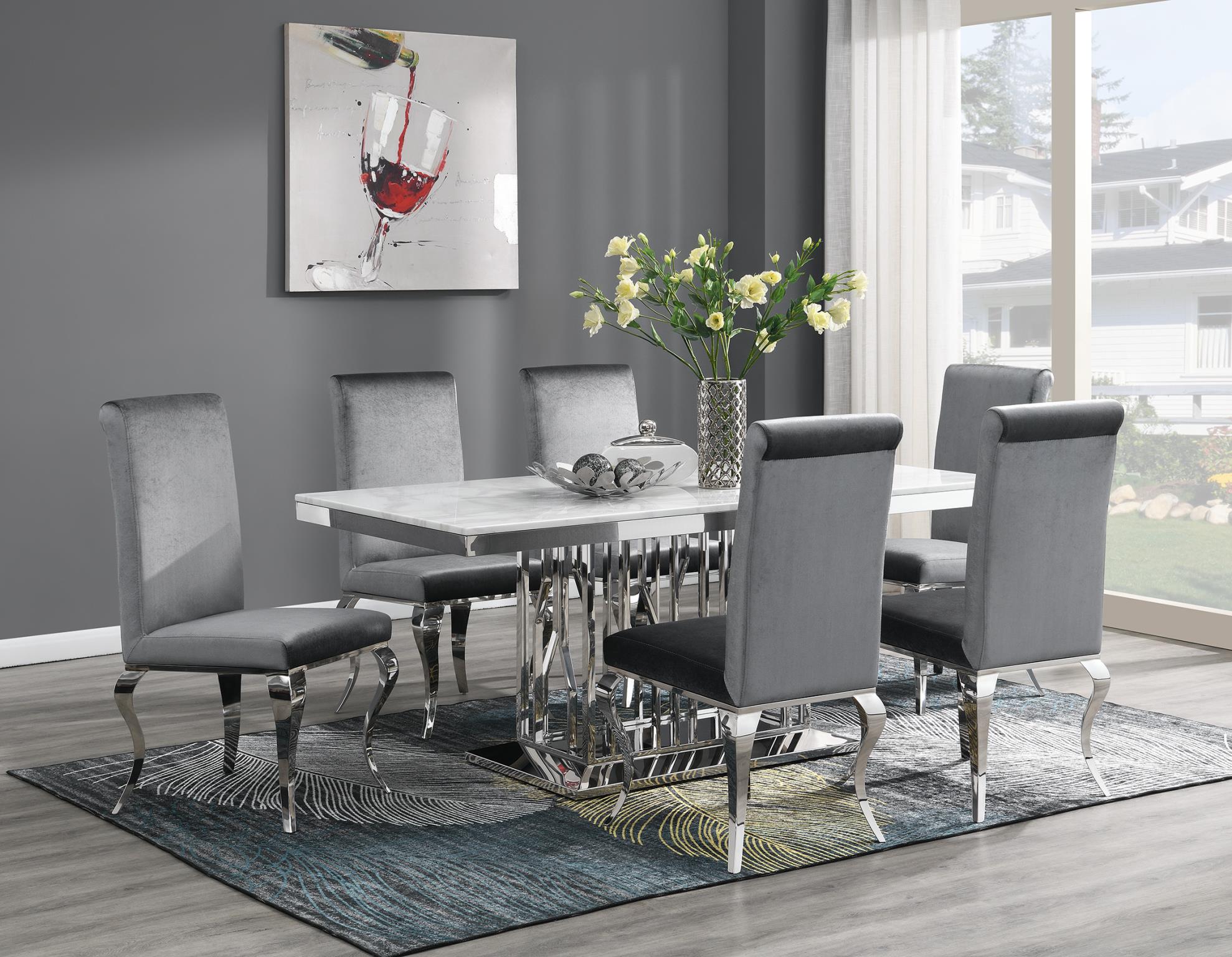 DINING TABLE (WHITE MARBLE) & 6 GRAY VELVET CHAIRS view 2