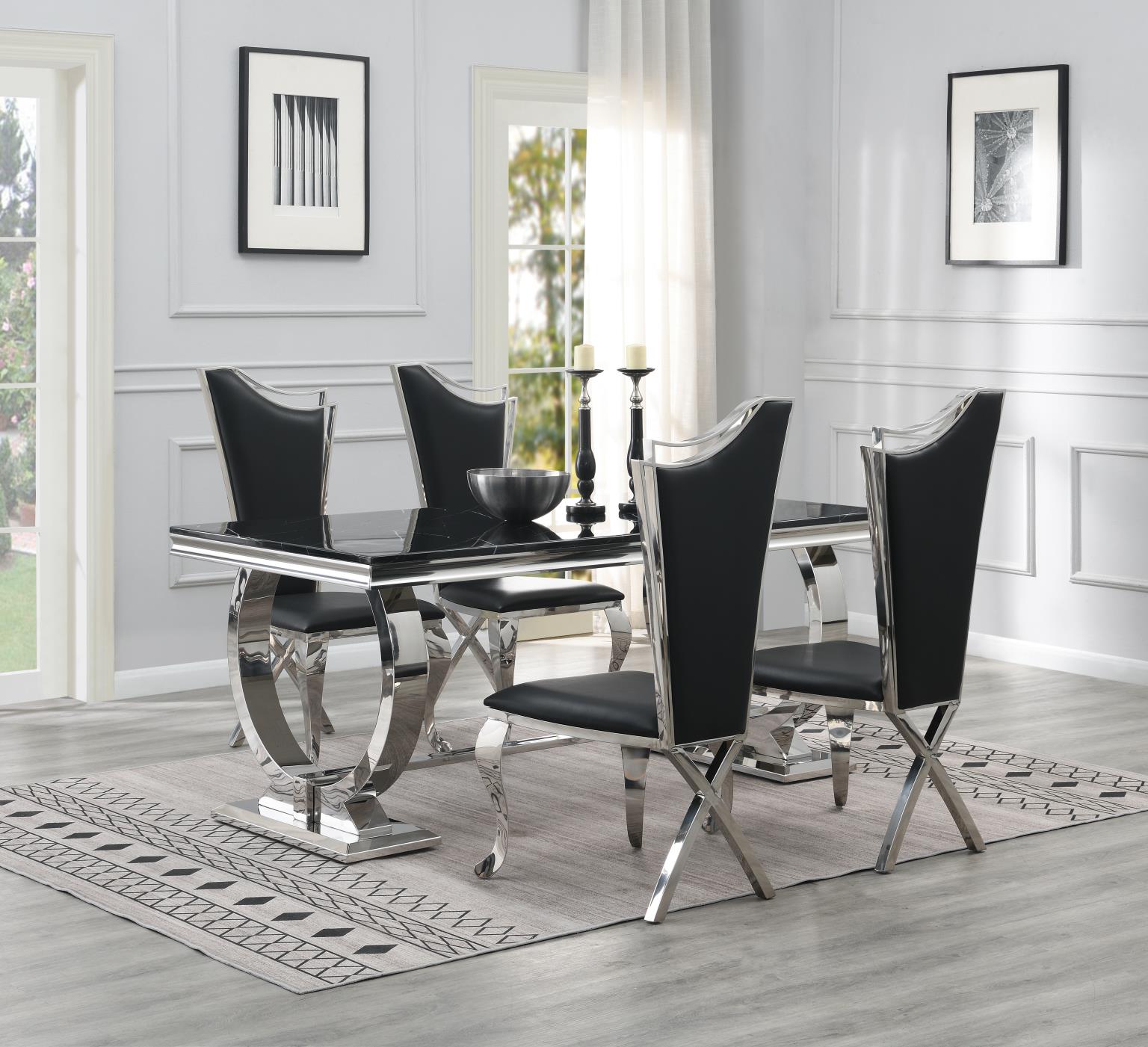 DINING TABLE (BLACK MARBLE) & 4 BLACK LEATHER CHAIRS view 2