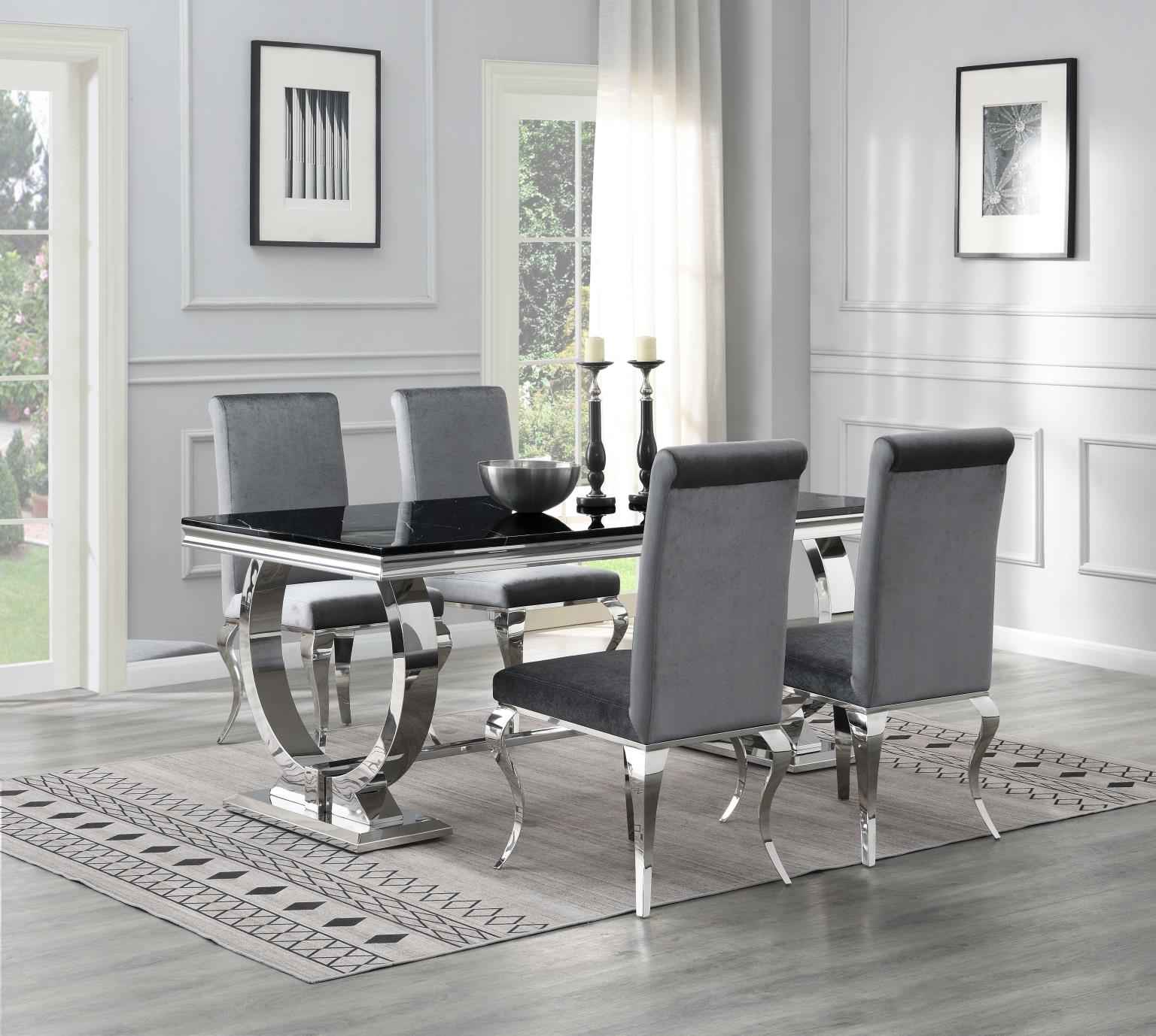 DINING TABLE (BLACK MARBLE) & 4 GRAY VELVET CHAIRS view 2