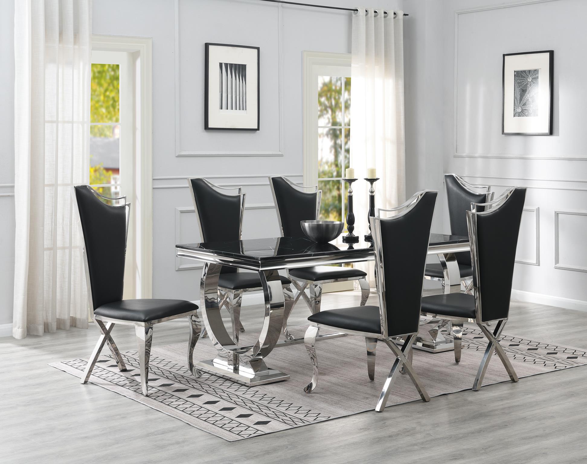 DINING TABLE (BLACK MARBLE) & 6 BLACK LEATHER CHAIRS view 2