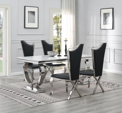 DINING TABLE (WHITE MARBLE) & 4 BLACK LEATHER CHAIRS