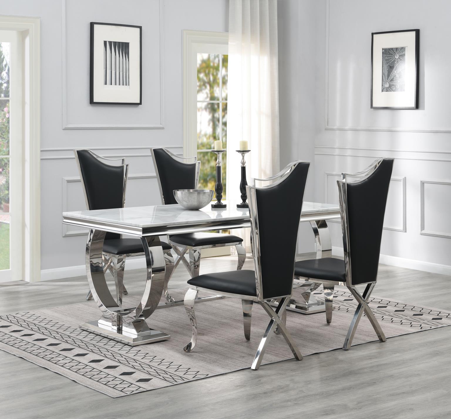 DINING TABLE (WHITE MARBLE) & 4 BLACK LEATHER CHAIRS view 2
