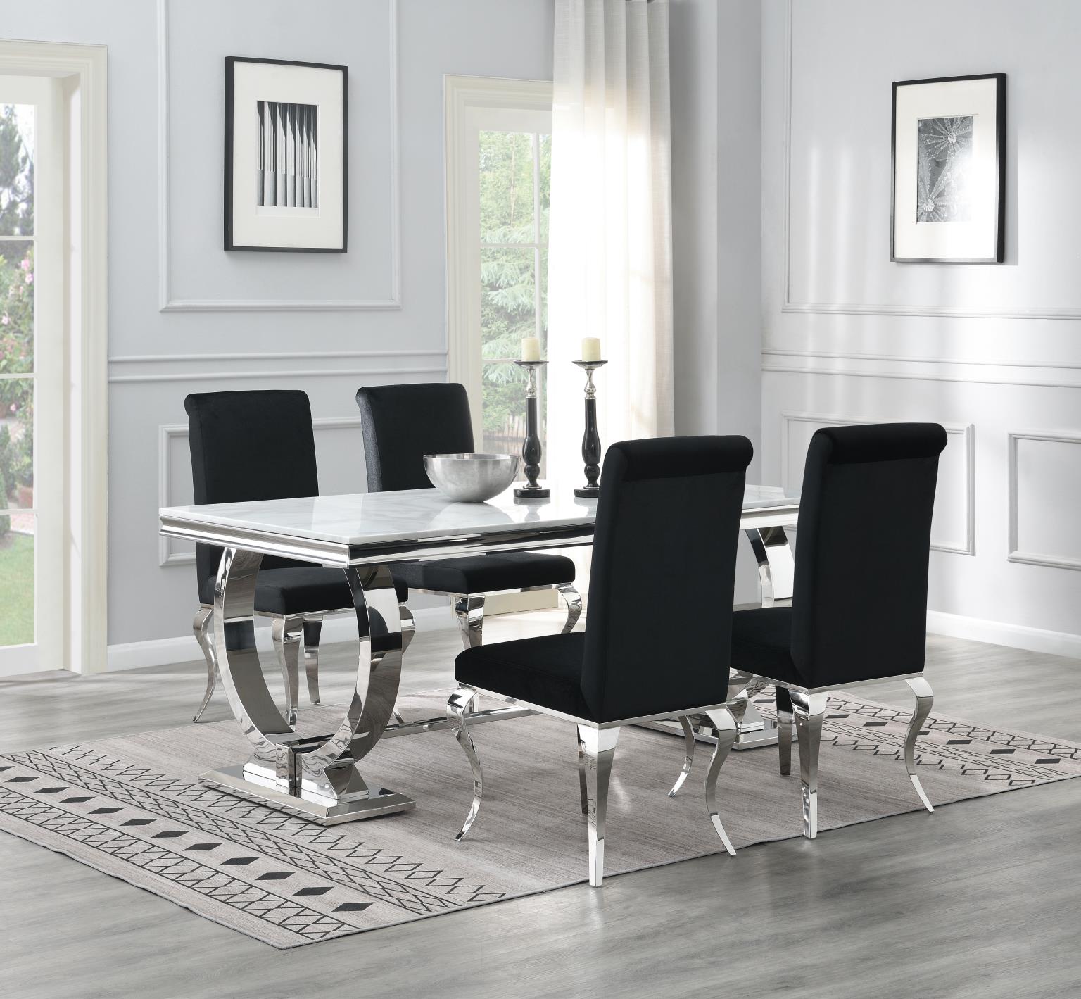 DINING TABLE (WHITE MARBLE) & 4 BLACK VELVET CHAIRS view 2