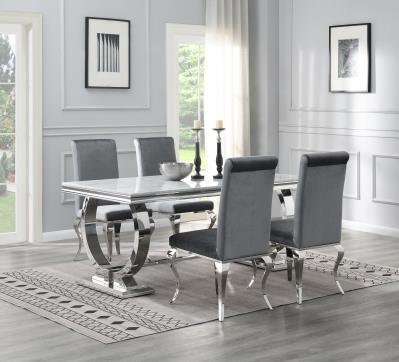 DINING TABLE (WHITE MARBLE) & 4 GRAY VELVET CHAIRS