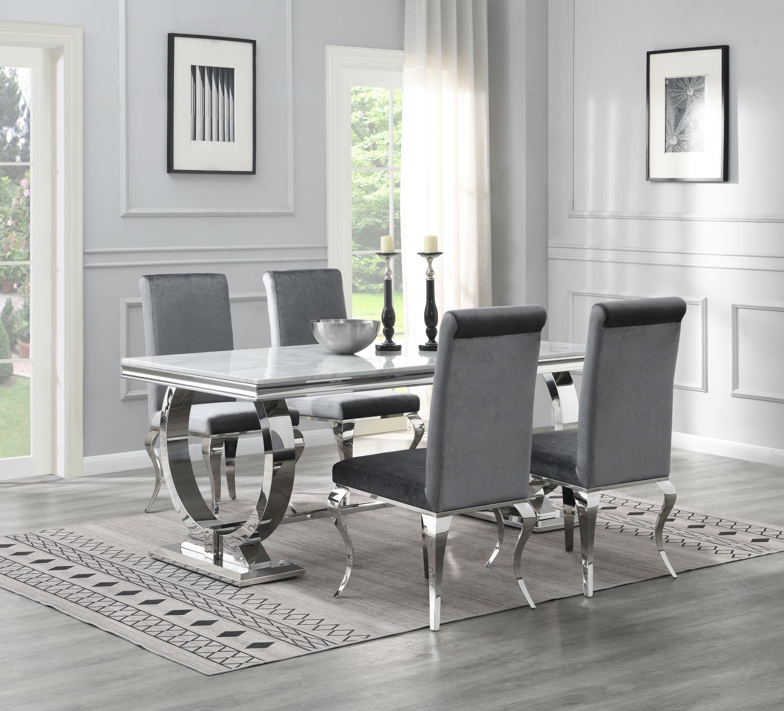DINING TABLE (WHITE MARBLE) & 4 GRAY VELVET CHAIRS view 2