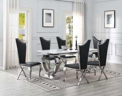 DINING TABLE (WHITE MARBLE) & 6 BLACK LEATHER CHAIRS