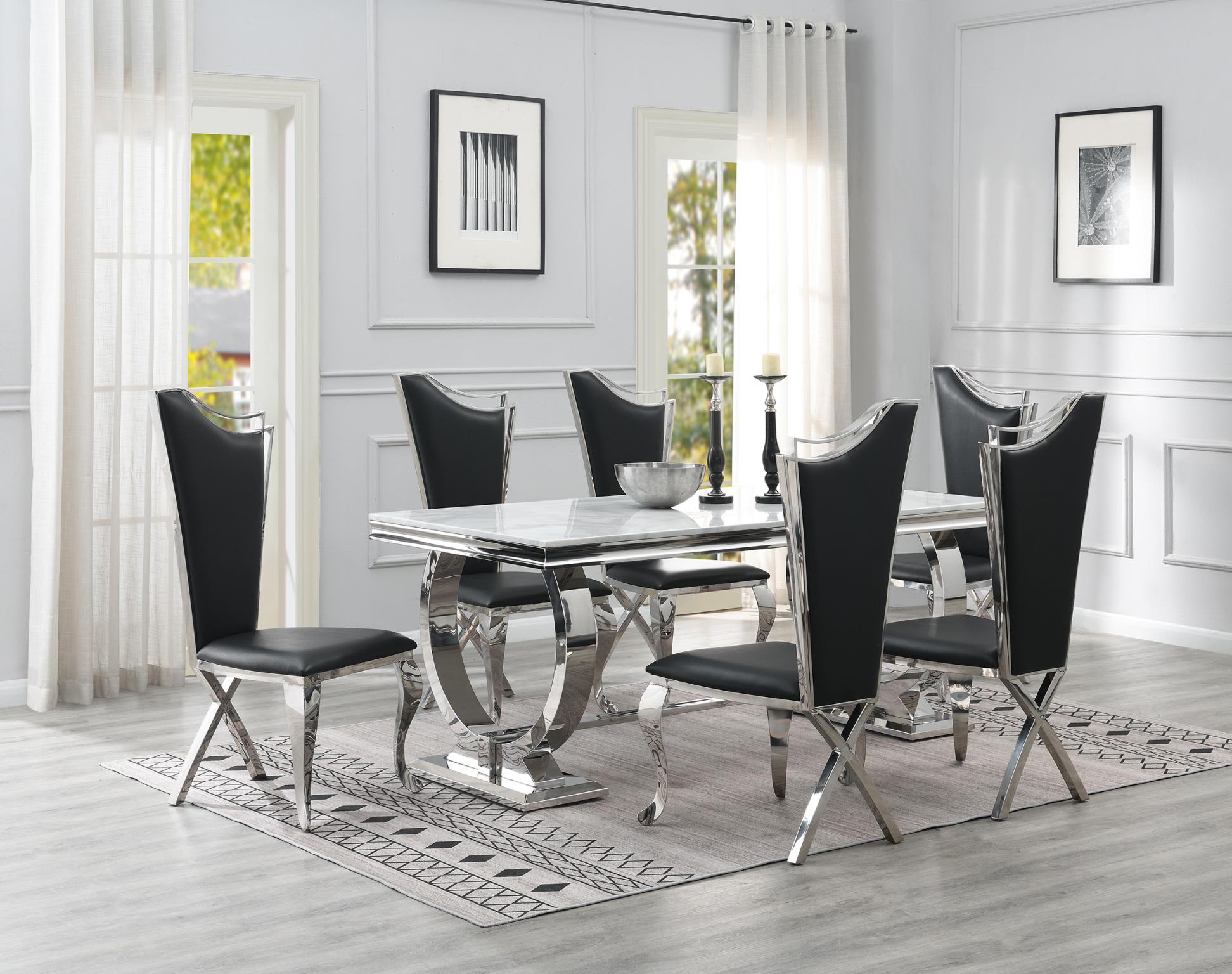 DINING TABLE (WHITE MARBLE) & 6 BLACK LEATHER CHAIRS view 2