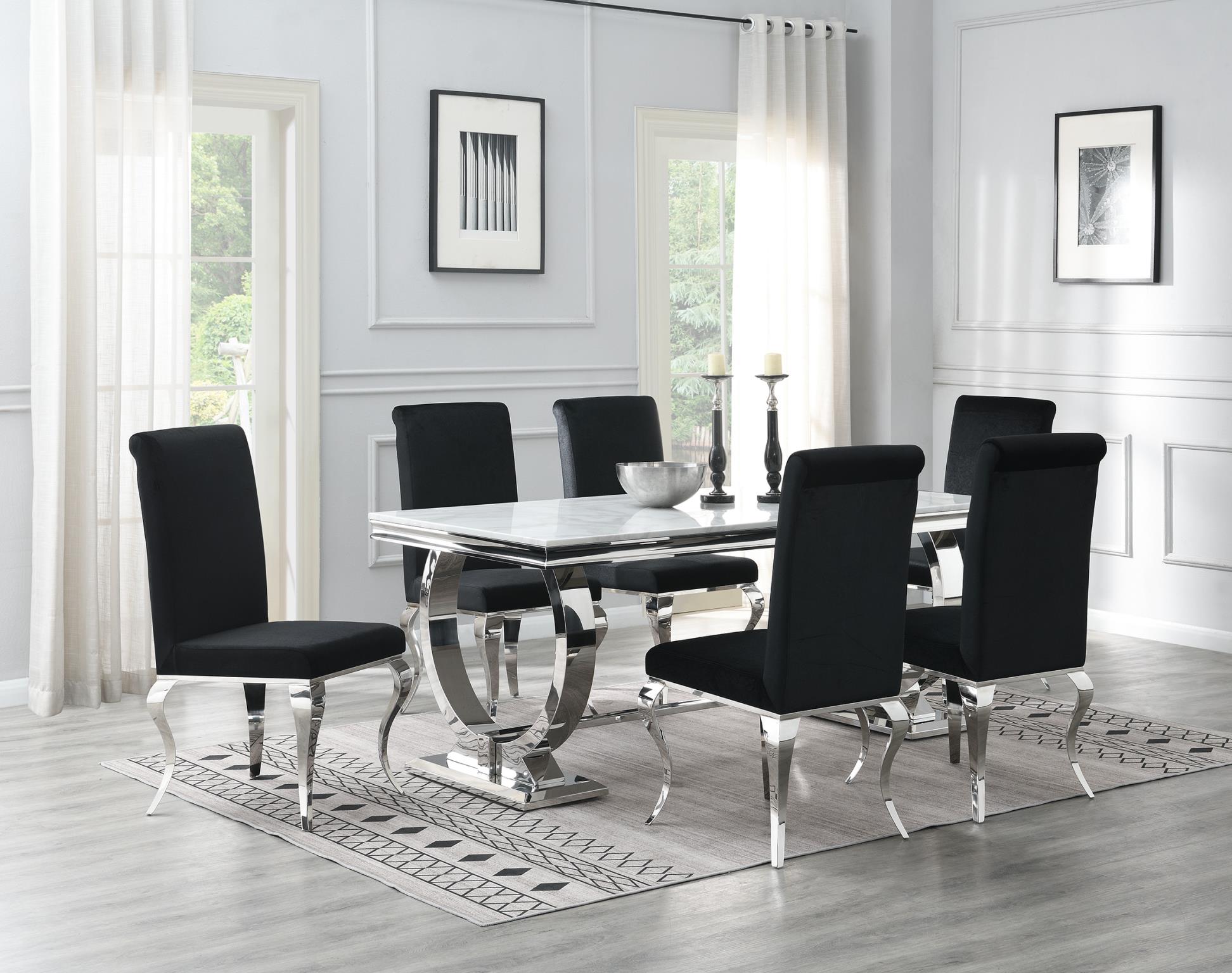 DINING TABLE (WHITE MARBLE) & 6 BLACK VELVET CHAIRS view 2