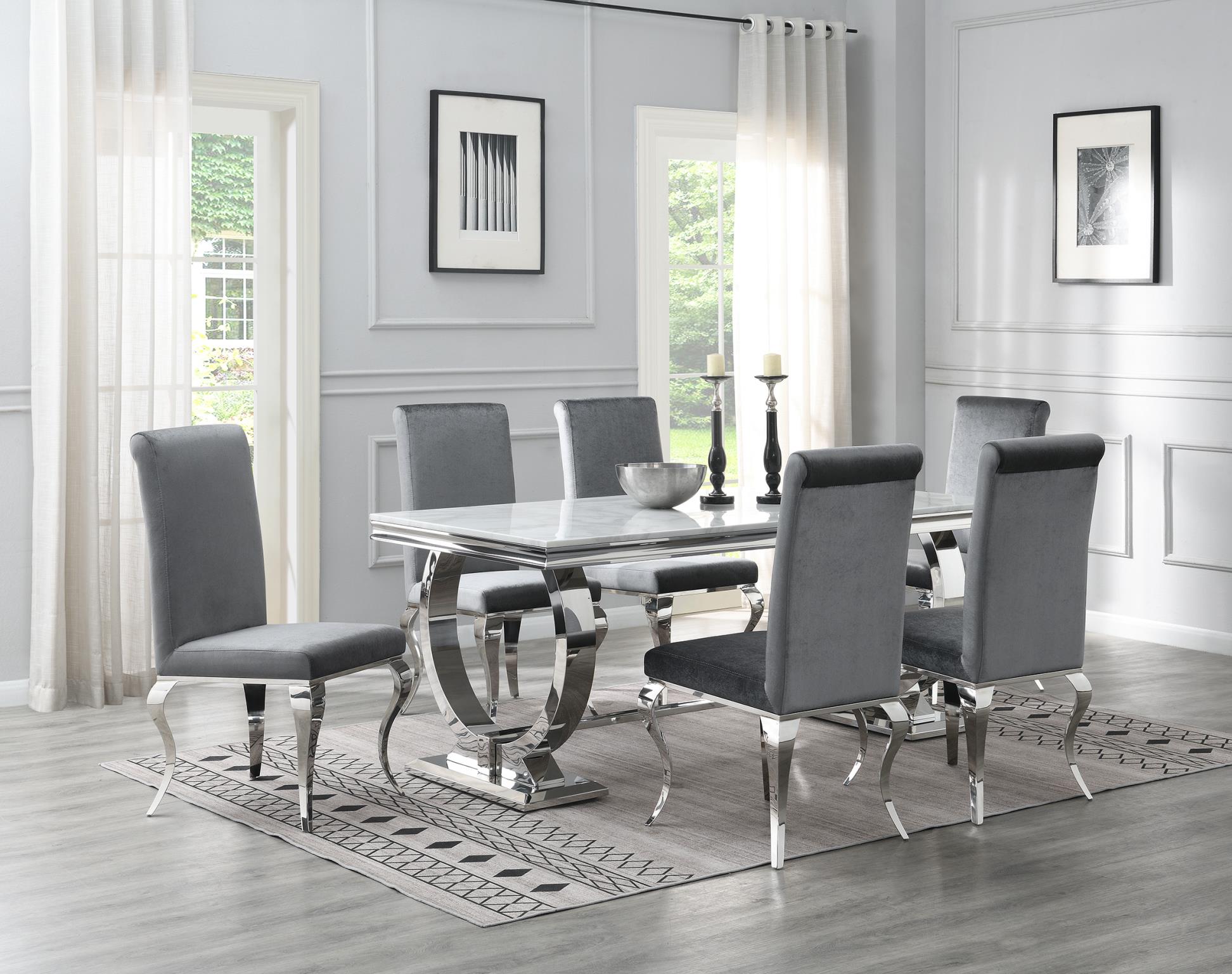 DINING TABLE (WHITE MARBLE) & 6 GRAY VELVET CHAIRS view 2