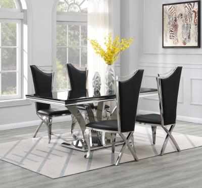 DINING TABLE (BLACK MARBLE) & 4 BLACK LEATHER CHAIRS