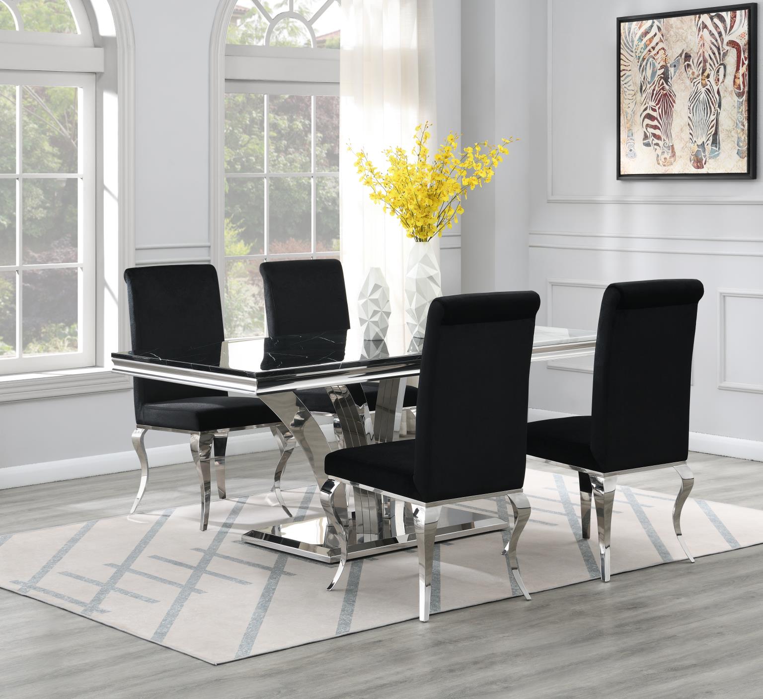 DINING TABLE (BLACK MARBLE) & 4 BLACK VELVET CHAIRS view 2