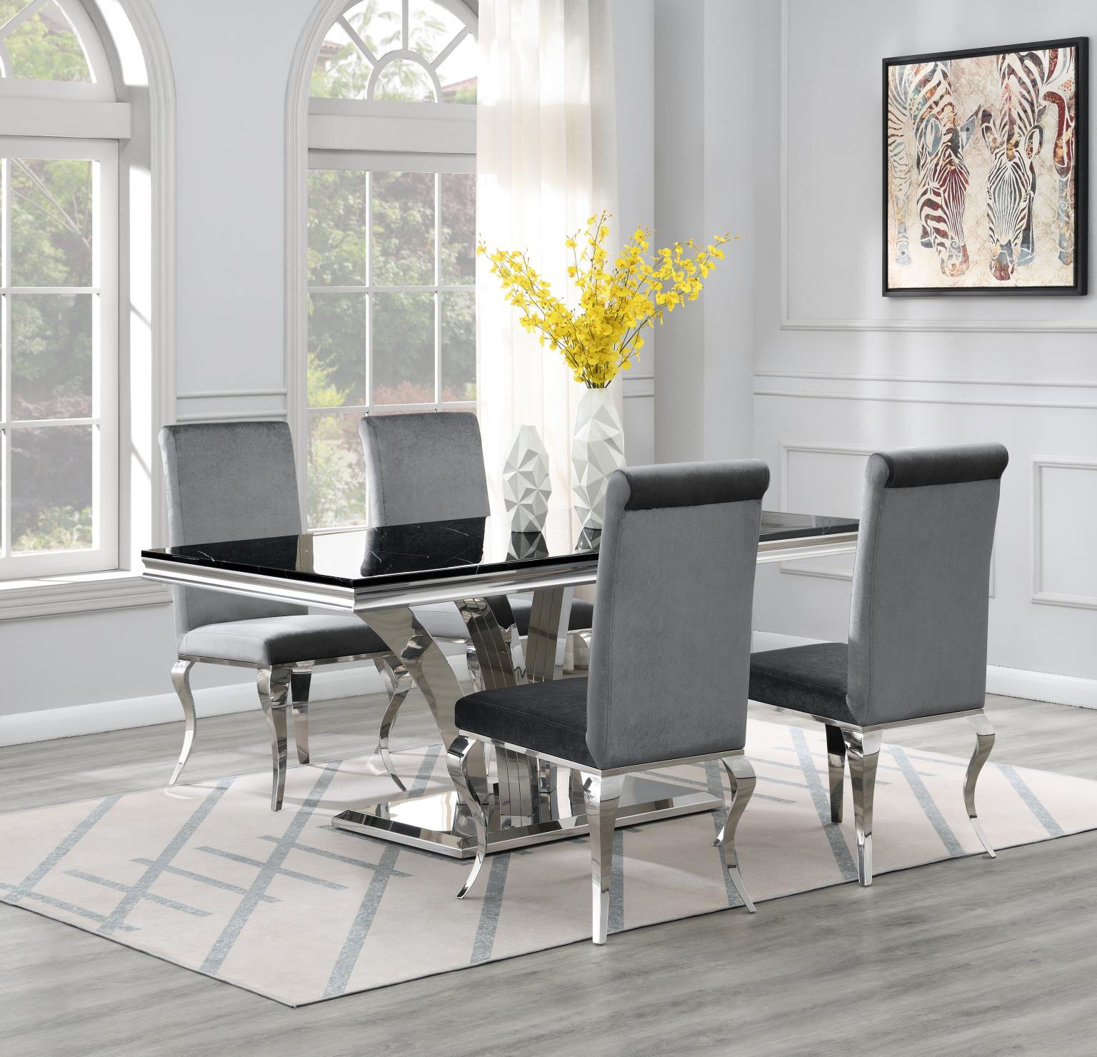 DINING TABLE (BLACK MARBLE) & 4 GRAY VELVET CHAIRS view 2