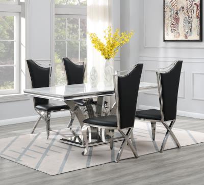 DINING TABLE (WHITE MARBLE) & 4 BLACK LEATHER CHAIRS