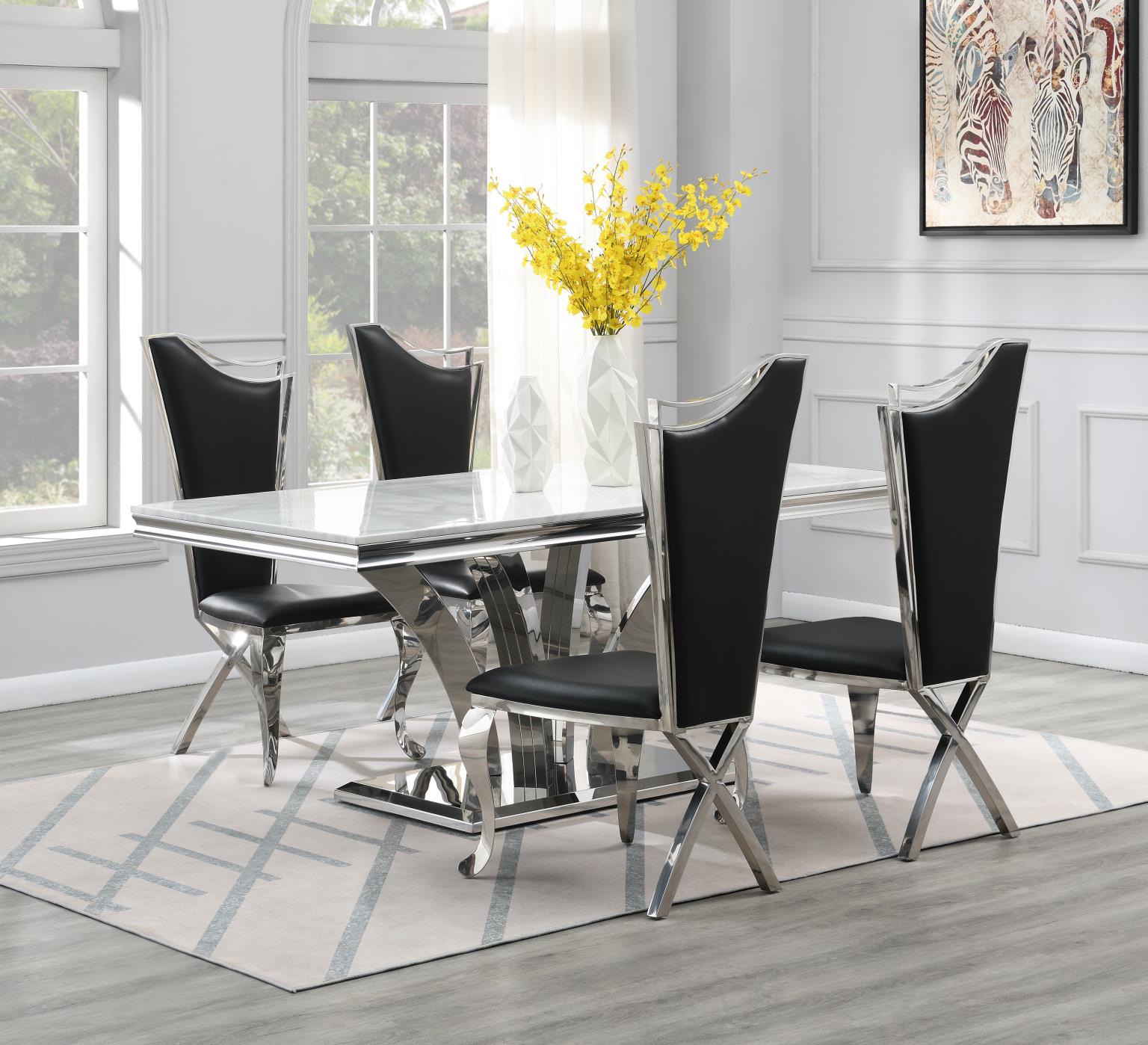 DINING TABLE (WHITE MARBLE) & 4 BLACK LEATHER CHAIRS view 2