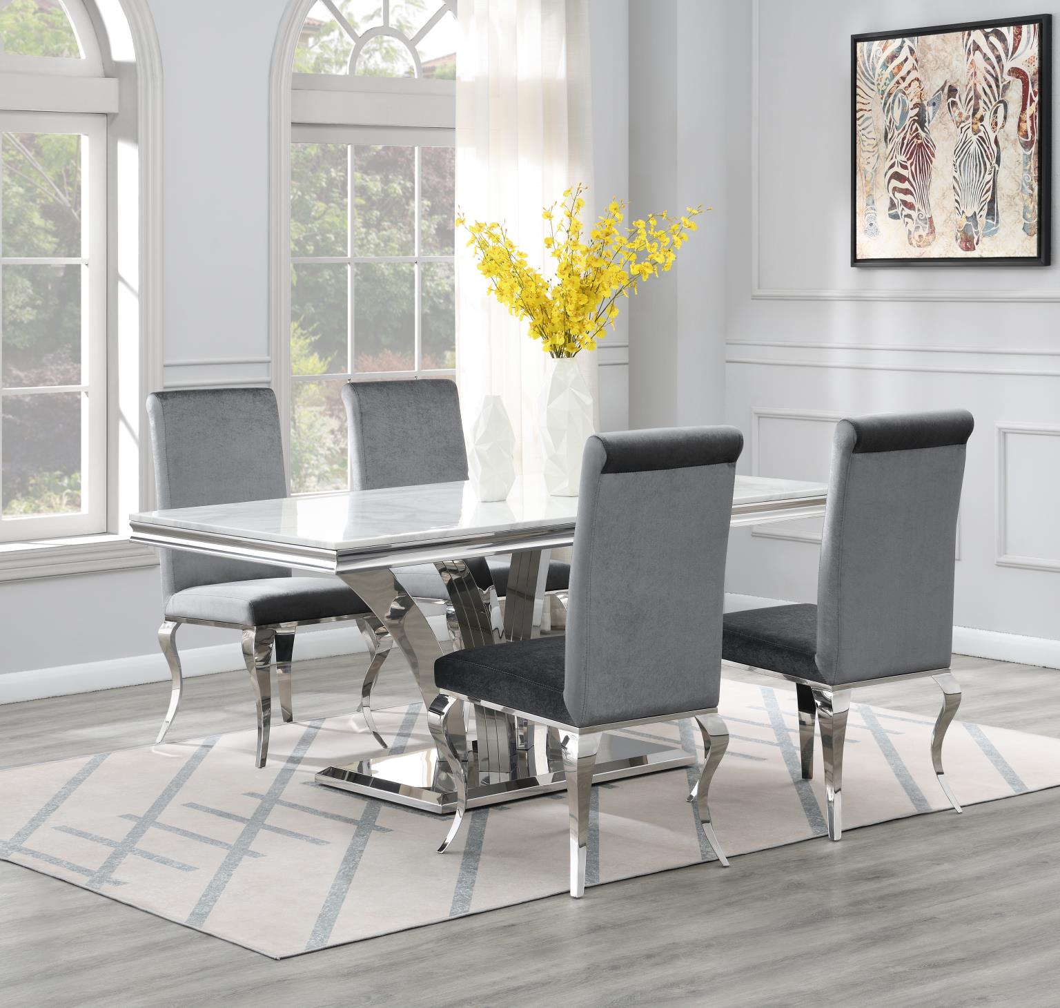 DINING TABLE (WHITE MARBLE) & 4 GRAY VELVET CHAIRS view 2
