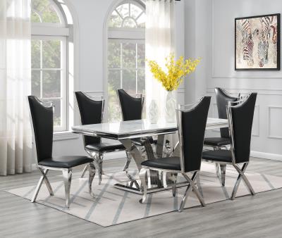 DINING TABLE (WHITE MARBLE) & 6 BLACK LEATHER CHAIRS
