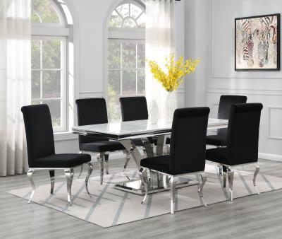DINING TABLE (WHITE MARBLE) & 6 BLACK VELVET CHAIRS