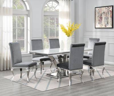 DINING TABLE (WHITE MARBLE) & 6 GRAY VELVET CHAIRS