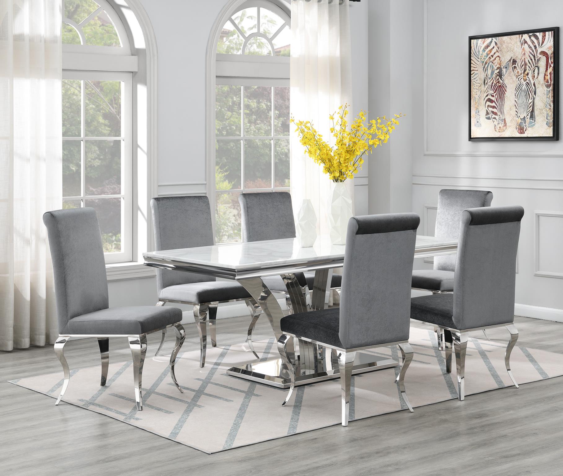 DINING TABLE (WHITE MARBLE) & 6 GRAY VELVET CHAIRS view 2
