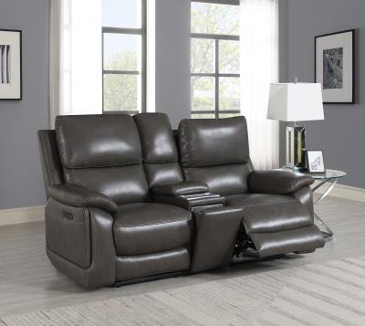 GRAY POWER RECLNIING LOVESEAT (GEL LEATHER)