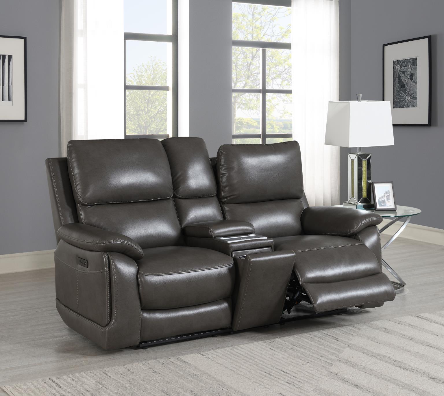 GRAY POWER RECLNIING LOVESEAT (GEL LEATHER) view 2