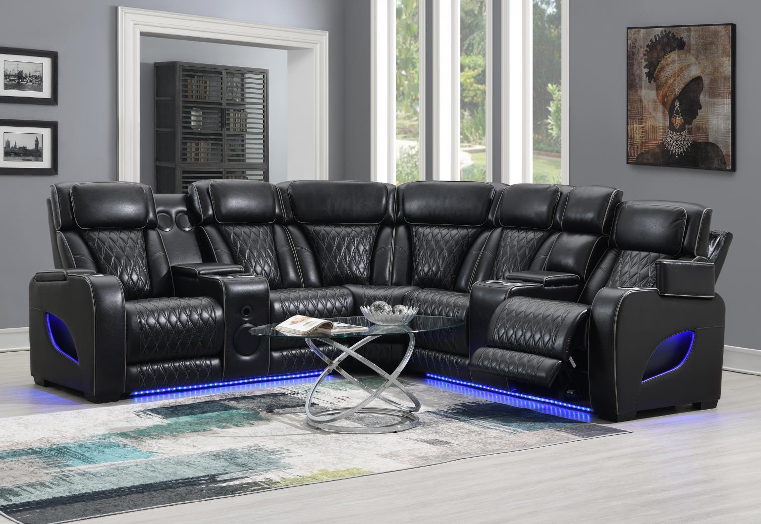 BLACK 3 PC POWER LED SECTIONAL, POWER HEADREST, HEAT, MASSAGE WIRELESS CHARGER, AND USB view 2